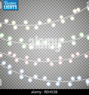 Weihnachtsbeleuchtung isoliert auf transparenten Hintergrund. Satz von Golden xmas leuchtende Girlande. Vector Illustration Stock Vektor