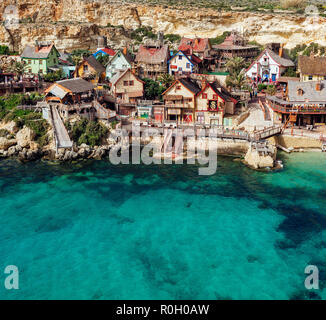 Panoramablick auf das popeye village Malta Stockfoto