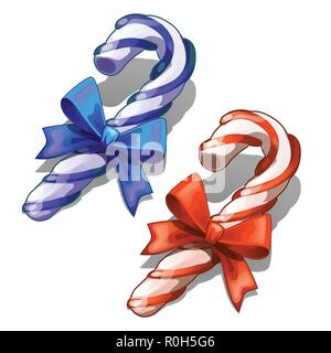 Cartoon Zuckerstange mit dekorativen roten und blauen Schleife isoliert auf weißem Hintergrund. Klassische Weihnachten Dekorationen und Flitter. Stichprobe von Plakat, Einladung und anderen Karten. Vector Illustration. Stock Vektor