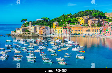 Blick auf die Bucht der Stille in Sestri Levante, Ligurien, Italien Stockfoto