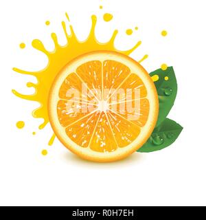Frische orange mit einem Schuss Saft auf weißem Hintergrund Stock Vektor