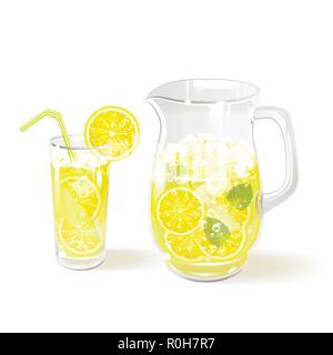 Limonade in einen Krug und Glas auf weißem Hintergrund Stock Vektor