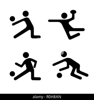 Sport Vector Icons Set, Ballspiele logo, form Athlet Person. Schwarze Abzeichen Fußball, Basketball, Volleyball und verschiedene Ballspiele isoliert auf weißem Stock Vektor