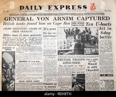 Zweiten Weltkrieg Zweiten Weltkrieg 2 Zeitung Schlagzeile Artikel Daily Express Papier 'General von Arnim gefangen'' Hitler verliert 11 weitere Generäle, UK, 13. Mai 1943 Stockfoto