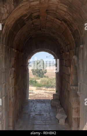 Ruinen der antiken Theater von Milet in der Aydin Provinz der Türkei. Blick durch die Bögen unter Sitzecke. Stockfoto