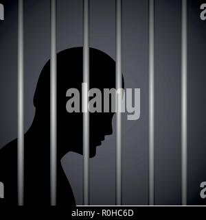 Mann in einem Gefängnis hinter Gefängnis bars silhouette Vektor-illustration EPS 10. Stock Vektor
