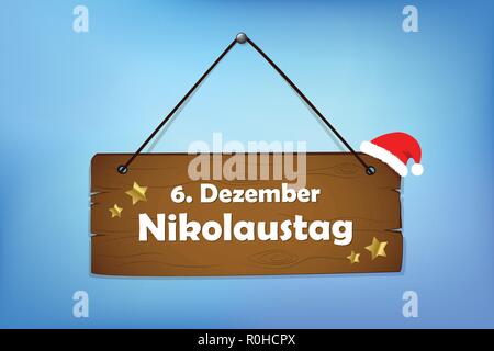 Holzschild 6. Dezember Sankt Nikolaus Tag blauer Hintergrund Vector Illustration Stock Vektor