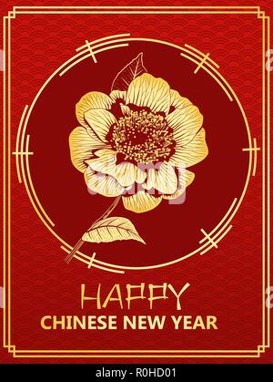 Das chinesische Neujahr Geschenkkarte mit Golden camellia Blume auf der Dragon scale Hintergrund Vector Illustration Stock Vektor