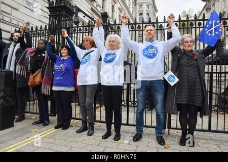 London, Großbritannien. 5. Nov 2018. Die letzte Meile, Demonstranten bilden eine Menschenkette vom Parlament Platz zu 10 Downing Street Kampagne für das Recht, im Vereinigten Königreich zu bleiben, nachdem Brexit, London.UK Credit: michael Melia/Alamy leben Nachrichten Stockfoto