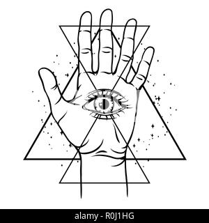 Hand mit All seeing Eye Symbol Öffnen. Stock Vektor