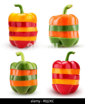 Set Paprika Schichten rot, gelb, grün, orange Farben auf weißem Hintergrund. Freistellungspfaden. Stockfoto
