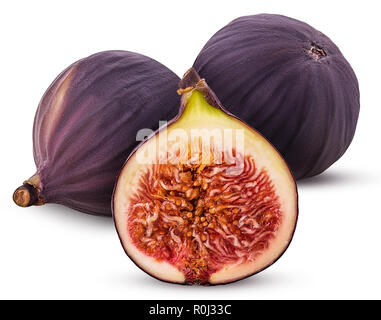 Zwei frische Feigen Früchte mit einem Schnitt in der Hälfte auf weißem Hintergrund. Freistellungspfaden. Volle Tiefenschärfe. Stockfoto