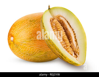 Reife Melone ganze und schneiden Sie auf weißem Hintergrund. Freistellungspfad Stockfoto