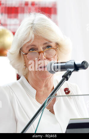 Herzogin von Cornwall spricht beim Start von The Queen's Commonwealth Essay Wettbewerb 2019 in Ghana International School in Accra, Ghana, am Tag 6 Ihrer Reise nach Westafrika mit dem Prinzen von Wales. Stockfoto