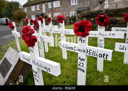 Von Hand gefertigte hölzerne Kreuze und handgestrickte Mohnblumen sind auf dem Kriegerdenkmal in der Devonshire Dorf Ashprington, wo Gemeinderat Laurence Green it auf sich genommen hat die kleine Gedenkstätte mit Kreuzen, die im Großen Krieg aus der Ashprington Pfarrei gestorben zu schmücken. Herr Green, zusammen mit anderen Einheimischen, neigen dazu, die Gedenkstätte und haben ein Buch mit Details dieser lokalen Gemeindemitglieder, die serviert und starb während des Ersten Weltkrieges. Stockfoto