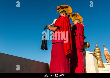 Zwei rot gekleideten Mönche bläst das Shell Horn am Morgen Pooja, Gebet, zu verkünden, auf dem Dach des Thiksey Gompa, einer der wichtigsten monasterie Stockfoto