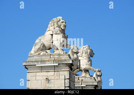 Steinerne Löwen auf Spalten oder ehemaligen Hängebrücke über den Fluss Rhône Arles Provence Frankreich Stockfoto