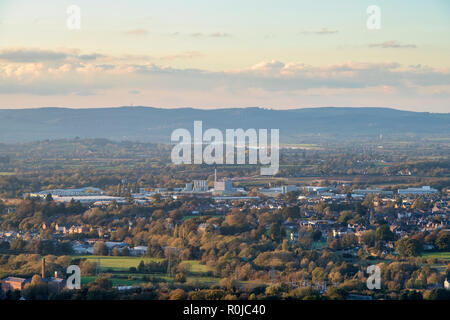 Muller Fabrik Blick von selsley im gesamten stroud Tal im Herbst bei Sonnenuntergang. Blick von selsley Gemeinsame, Cotswolds, Gloucestershire, VEREINIGTES KÖNIGREICH Stockfoto
