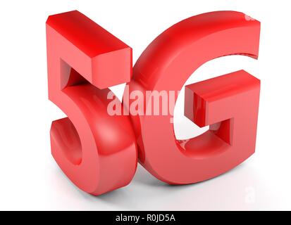 5G in Rot 3D Buchstaben auf weißem Hintergrund - 3D Rendering illustration Stockfoto