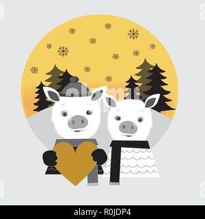 Zwei süße Schweine in der Liebe. Schwein Schweine Jungen und Mädchen in einem Winter Wald stehen. Pig boy Holding großen goldenen Herzen. Stock Vektor