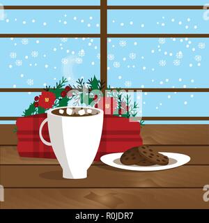 Weihnachten Abbildung: Tasse mit heißem Kakao, Plätzchen auf der Platte und den Plaid in der Nähe der Fenster Stock Vektor