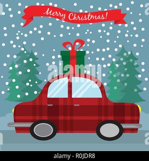 Gruß Weihnachtskarte mit retro Auto mit Geschenkbox Stock Vektor