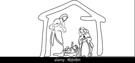 Kontinuierliche eine Linie zeichnen. Bibel Frohe Weihnachten Szene der Heiligen Familie. Vector Illustration Stock Vektor