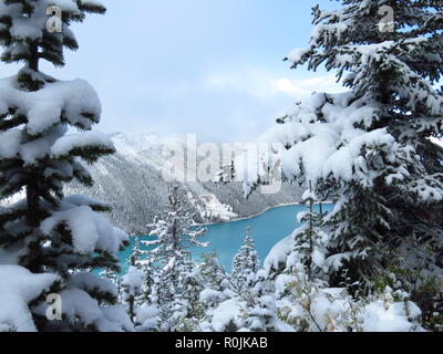 Spektakuläre winter Szene am Peyto Lake im Banff National Park, Kanada, mit Bergen und Bäumen von Schnee bedeckt. Bild der beliebteste Tour Attraktion. Stockfoto