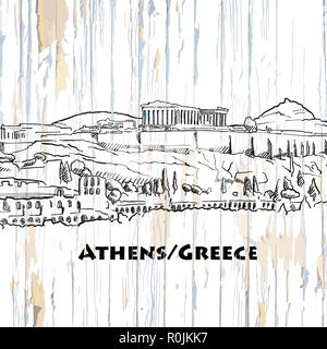 Vintage Athen skyline Zeichnung. Vector Illustration auf vintage Hintergrund. Stock Vektor