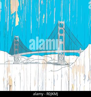 Golden Gate Bridge Zeichnung auf Holz. Vector Illustration auf vintage Hintergrund. Stock Vektor