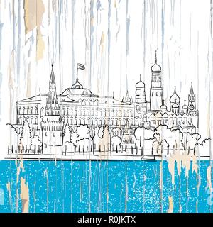 Der Moskauer Kreml Zeichnung auf Holz. Vector Illustration auf vintage Hintergrund. Stock Vektor