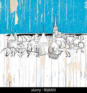 Tallin, Lettland Skizze auf Holz. Vector Illustration auf vintage Hintergrund. Stock Vektor