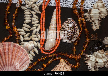 Eine Gruppe von Muscheln und Steine mit Bernstein und Korallen und Perlen auf einer weißen openwork Grenze liegen auf schwarz Sperrholz Stockfoto