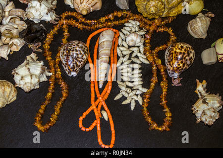 Bernstein, Koralle Perlen mit Muscheln und Steinen aus verschiedenen Meere und Regionen liegen auf schwarz Sperrholz Stockfoto