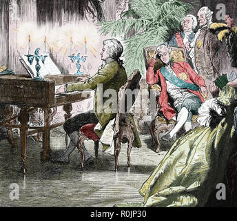 Mozart (1756-1791) Klavier spielen mit der kaiserlichen Familie (Joseph II., Kaiser des Heiligen Römischen Reiches). Wien. Gravur der Germania, 1882 Stockfoto