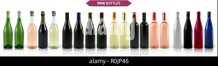 Eine große Reihe von fotorealistischen Weinflaschen auf weißem Hintergrund mit Schatten und Reflexen. Mocap für Werbung Rot-, Weiß- und Rosewein. Stock Vektor