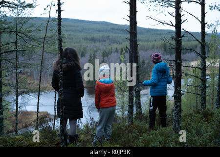 Frau und zwei Kinder in den Wald hinunter zum Trysil (Fluss Trysilelva) an einem trüben Herbsttag. Stockfoto