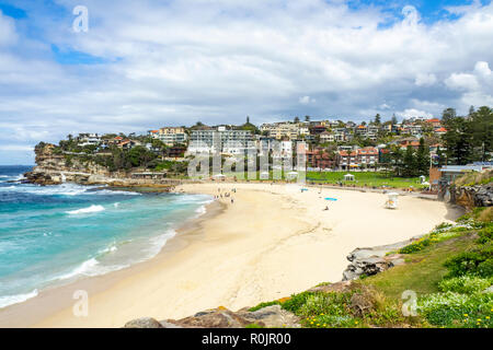 Bondi, coogee an der Küste zu Fuß Bronte Beach und Wohnungen auf Sandstein Felsen über dem Pazifischen Ozean Sydney, NSW, Australien. Stockfoto