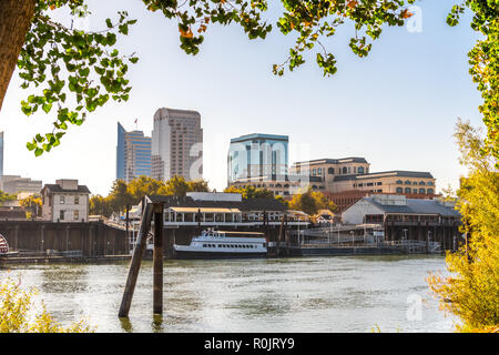 Von Sacramento Skyline und den Hafen von Zweigen gerahmt, als vom Ufer des Sacramento River an einem sonnigen Morgen gesehen; Kalifornien Stockfoto