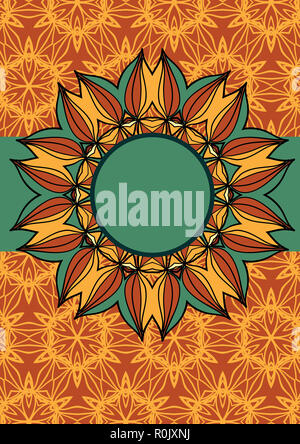 Bunte grün gelb und orange Mandala - Blume um runden Rahmen. Runde Aufkleber über verzierten ornamentale Tapete Stockfoto