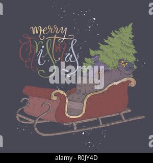 Bürste Schriftzug Gruß und eine Farbe Schlitten mit Weihnachtsbaum und Geschenke. Stock Vektor