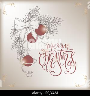 Weihnachten Pinsel Schriftzug und Hand gezeichnet Pine Tree Branch mit festlichen Dekorationen. Stock Vektor