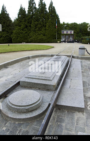 Die Stelle, an der die französische Eisenbahn während der Verhandlungen und die Unterzeichnung des Ersten Weltkriegs Waffenstillstand, Compiegne, Frankreich geparkt war. Stockfoto