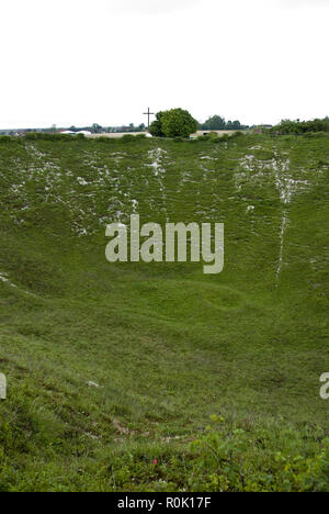 Die lochnagar Krater ist das Ergebnis eines explosiven Mine unterhalb der Deutschen Linien am ersten Tag des WW1 Schlacht an der Somme, Frankreich zur Detonation gebracht. Stockfoto