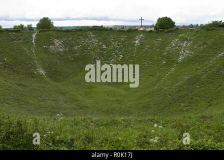 Die lochnagar Krater ist das Ergebnis eines explosiven Mine unterhalb der Deutschen Linien am ersten Tag des WW1 Schlacht an der Somme, Frankreich zur Detonation gebracht. Stockfoto