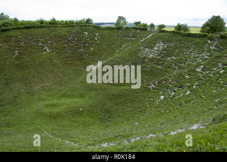 Die lochnagar Krater ist das Ergebnis eines explosiven Mine unterhalb der Deutschen Linien am ersten Tag des WW1 Schlacht an der Somme, Frankreich zur Detonation gebracht. Stockfoto