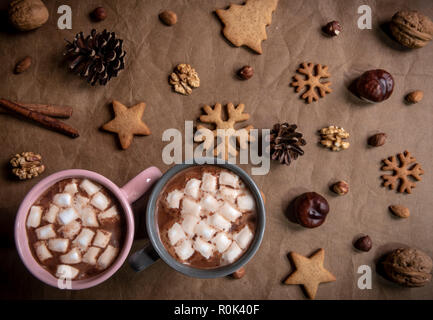 Wintersweets auf braunem Leder Tabelle Handtuch zusammen mit Tannenzapfen und zwei Tassen heißer Schokolade mit mini Marshmallows Stockfoto