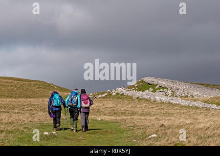 Drei Frauen gehen die Dales Weg zwischen Grassington und Kettlewell im Herbst Stockfoto
