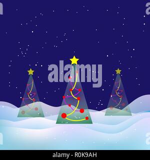 Vektor trendy Abbildung. Winter Weihnachten Landschaft. Verschneite Nacht, Weihnachten Bäume, Girlanden Deko, Schnee, Sterne und Schneeverwehungen. Alle Schichten und Gruppe Stock Vektor