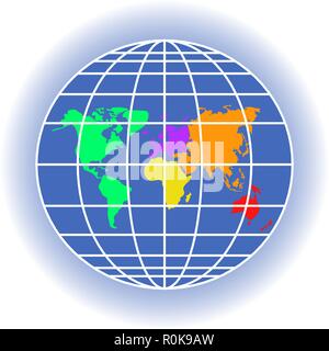 Globus mit Längen- und Breitengraden. Die Regelung von sechs Kontinenten. Nord- und Südamerika, Europa, Asien, Afrika, Australien. Trendy Symbol Stock Vektor